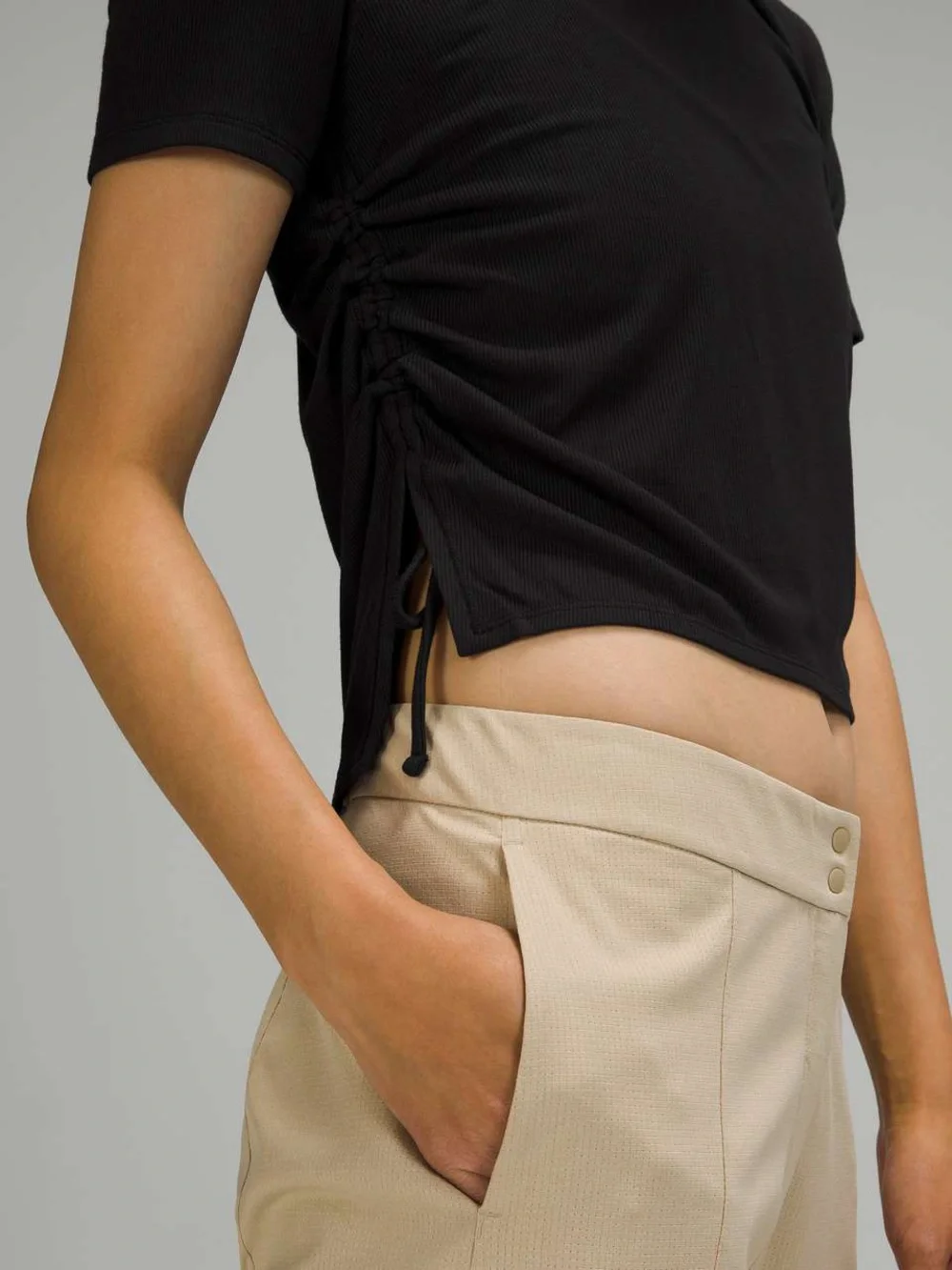 Lululemon Black Modal Side Cinch Ribbed T-Shirt Sz 14 Athleisure Minimalist Gym